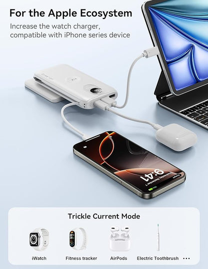 Portable Charger, 10000mAh 22.5W Fast Charging Power Bank with Built in Cable & Wall Plug, Travel Essential Battery Pack with LED Display, External Charger for iPhone, iWatch 11/10/9/8/Ultra/SE White