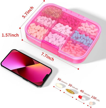 Restree Large Pill Organizer, Moisture Proof & Waterproof Travel Pill Case, Portable Medication Box with Adjustable Dividers for Vitamins Supplements Fish Oil and Daily Pills 9 Compartments (Pink)
