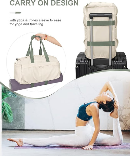 Gym Bag for Women Men with Shoe Compartment, Sport Duffel Bag, Waterproof Travel Weekender Overnight Carry on Bag for Yoga with Trolley Sleeve, Beige Green