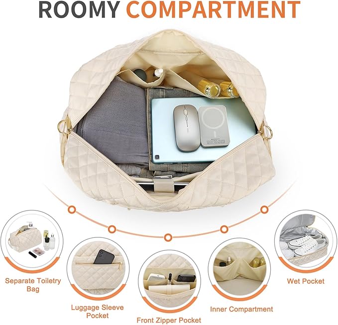 50L Large Travel Duffle Bag for Women, Weekender Overnight Bag W/Shoe Compartment+Wet Pocket+Toiletry Bag TSA Approved, Beige