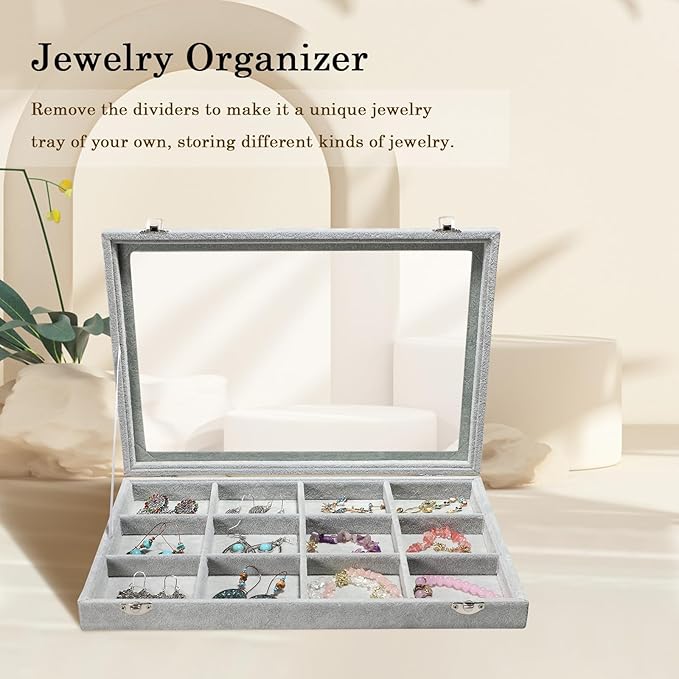 Stratalife Jewelry Holder Organizer Jewelry Organizer Box Bracelet Storage Velvet Jewelry Tray with Clear Lid Jewelry Drawer Organizer Jewelry Display Tray 12 Grid Grey