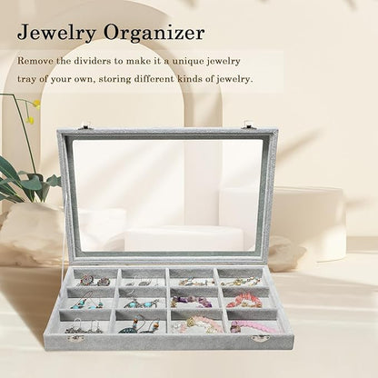 Stratalife Jewelry Holder Organizer Jewelry Organizer Box Bracelet Storage Velvet Jewelry Tray with Clear Lid Jewelry Drawer Organizer Jewelry Display Tray 12 Grid Grey