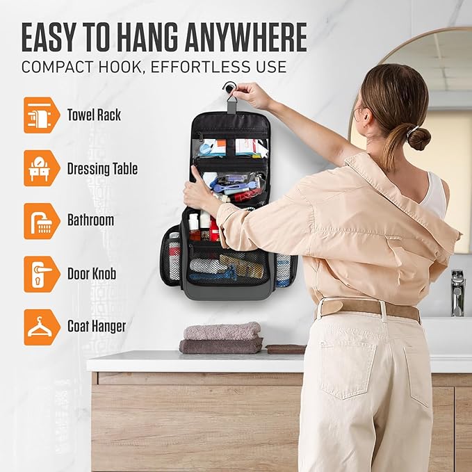 VENTURE 4TH Hanging Travel Toiletry Bag for Women & Men - Travel Organizer with Expandable Compartments & Removable Clear Pouch for Toiletries (Gray)