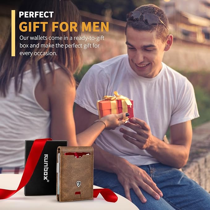 RUNBOX Mens Slim Wallet with Money Clip RFID Blocking Bifold Credit Card Holder for Men with Gift Box