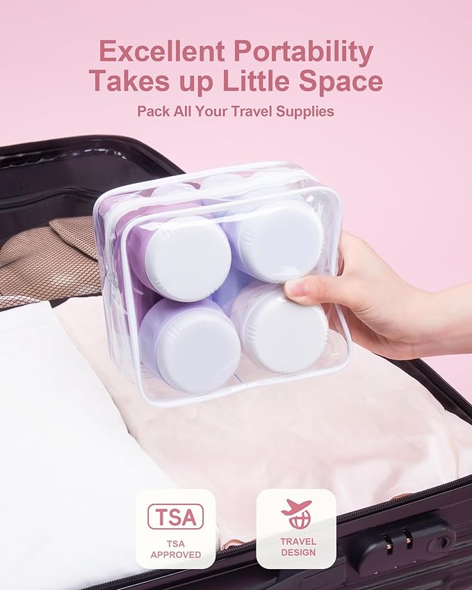Travel Size Toiletries 8 Pack, TSA Approved 3oz Silicone Squeeze Bottles & Cream Jars with Clear Travel Bag