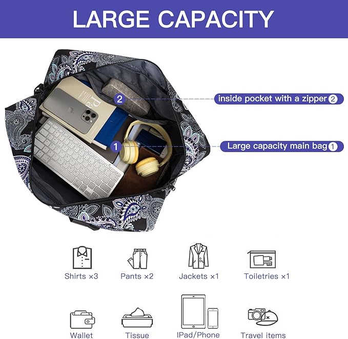 F.FETIVIN Weekender Bag Carry On Travel Duffle Bag Medium Overnight Bag for Women(Black Paisley)