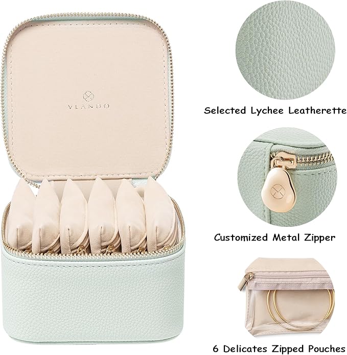 Vlando Travel Jewelry Box Organizer - 6 Small Velvet Zipped Pouches Pockets for Jewelries Necklaces Rings Earrings Sorting Storage, Menthol Mambo