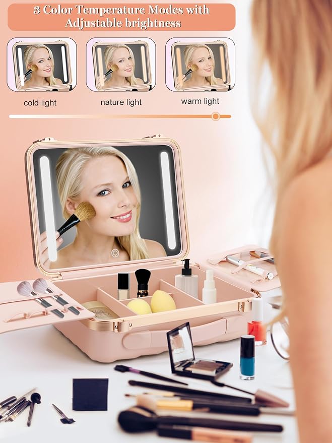 Kalolary Travel Makeup Train Cases with Lighted Mirror 3 Color Setting, Makeup Bag Cosmetic Case Organizer Adjustable Brightness Portable Makeup Storage Box For Makeup Brushes Accessories Tools,Pink