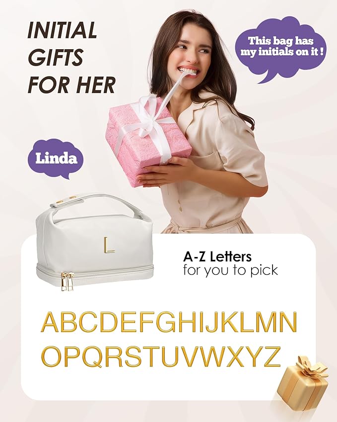 Letter Makeup Bags, Personalized Bags with Handle, Waterproof Double Layer Cosmetic Bag, Large Capacity PU Leather Makeup Bags Letter Travel Toiletry Bag with Makeup Brush Organizer