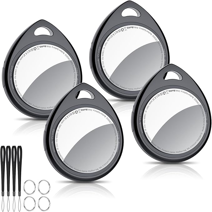 Air Tracker Tags-4 Pack, 5.3 Bluetooth Tracker Work with Apple Find My (iOS Only), 100dB Sound, Smart Tag with Keychain/Lanyard, Item Finder for Luggage/Key/Suitcase, Replaceable Battery, Black.
