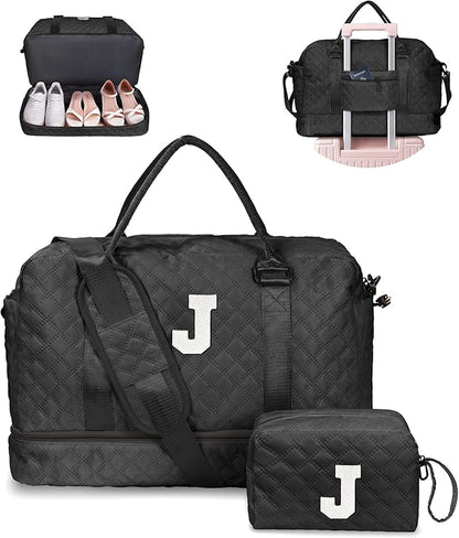 Personalized Initial Duffel Bag, Black, Medium, Polyester, 12" x 7" x 2"