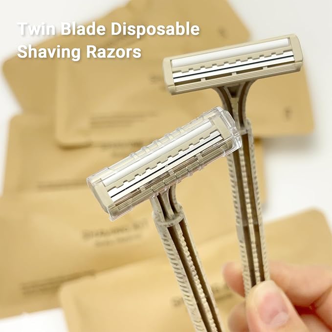 Disposable Shave Kit for Men &Women - 100 Pcs Wheat Straw Razors and Cream Bulk, Individually Wrapped Portable Toiletries Amenities for Hotel, Airbnb, Homeless, Shelter, Charity, Camping and Travel