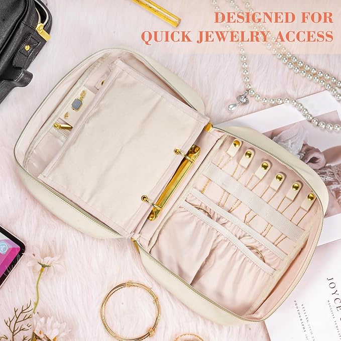 Travel Jewelry Organizer - Imitation Leather Travel Jewelry Case with Adjustable Pages, Jewelry Bag for Earrings,Rings,Necklaces,Bracelets-Perfect,Waterproof, Ideal for Trips & Gifts (Off-white)