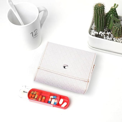 Pill Organizer,LIZIMANDU Weekly Travel Pill Case Box Medication Reminder Daily AM PM, Day Night 7 Compartments,for 4 Times A Day, 7 Days a Week-Includes Leather PU Carrying Case(1-Weave White)