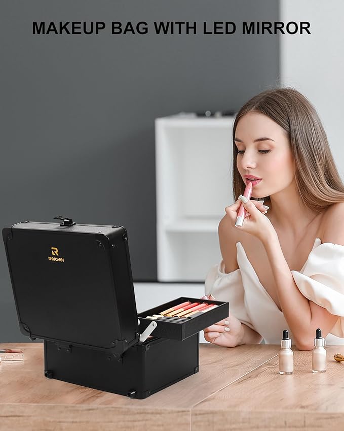 Chomeiu Makeup Bag with Mirror, Travel Train Case Large Cosmetic Organizer with 2 Trays and Vanity Mirror with LED Lights, Brush Holder Storage Box Suitcase for Nail Kits Cosmetics Craft, Black