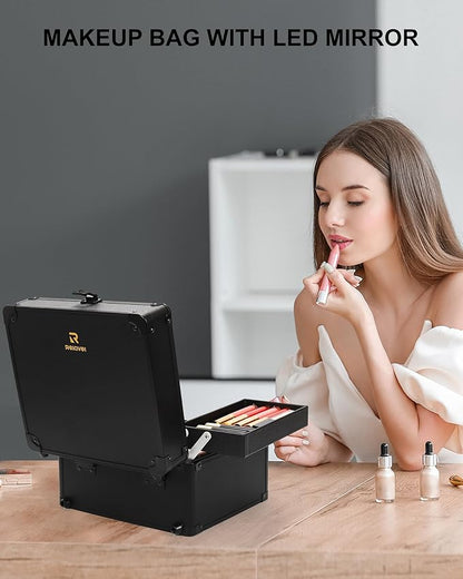 Chomeiu Makeup Bag with Mirror, Travel Train Case Large Cosmetic Organizer with 2 Trays and Vanity Mirror with LED Lights, Brush Holder Storage Box Suitcase for Nail Kits Cosmetics Craft, Black