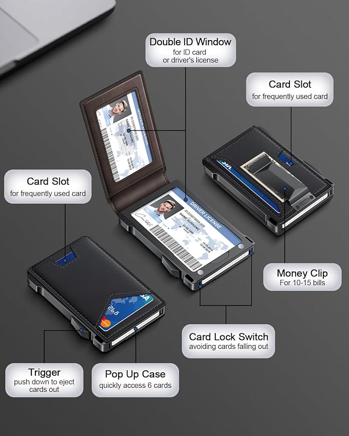 Wallet for Men RFID Wallet with 2 ID Windows & Money Clip, Slim Pop Up Card Holder for 10-12 Cards, Bifold Minimalist Smart Wallet for Front Pocket, Compact Metal Credit Card Holder, Gifts for Men