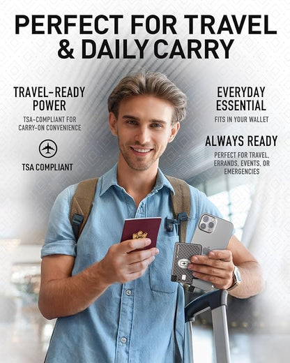 AquaVault ChargeCard – Ultra Slim Emergency Power Bank (2300mAh) – Fits in Wallet – USB-C & Micro-USB – Durable Steel Body – Flight-Safe for iPhone 12-17 & Android - Black