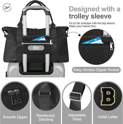 Dance Gym Duffel Bag for Teen Girls, Personalized Initial Travel Weekender Bag,Cute Overnight Carry On Duffle for Women,Sports Travel Cheer Bag,Monogram Christmas Gifts for Tween Preppy(black-B)