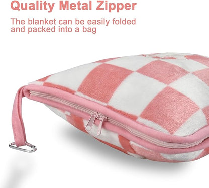 Travel Blanket and Pillow Compact, Premium Soft 2 in 1 Airplane Blanket with Soft Bag Pillowcase，Hand Luggage Sleeve and Backpack Clip (Ckeckered Pink)