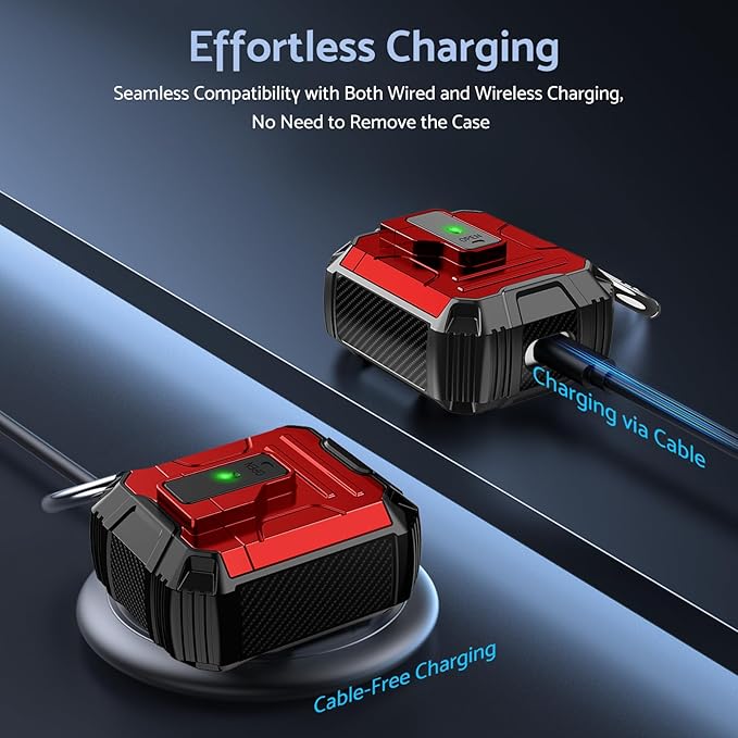 DASFOND Armor Cover AirPods 2nd & 1st Generation Case, Military Grade Full Body Shockproof Protection Hard Case, Support Wireless Charging with Keychain, Magnetic Lid, Front LED Visible, Red