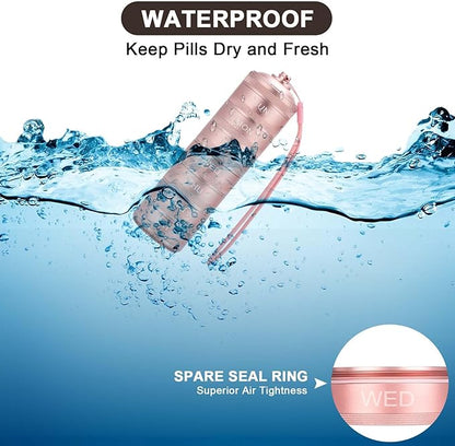 Travel Pill Organizer 7 Day - Waterproof Metal Weekly Pill Box Daily Pill Case with 7 Compartments, Pill Container for Vitamin Medicine Supplements Fish Oil, Pink Daily Pill Organizer