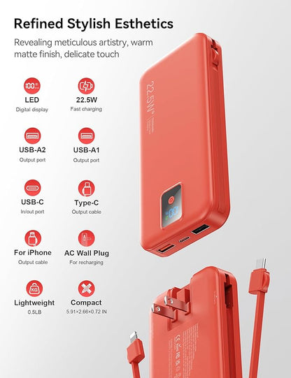 Portable Charger, 12000mAh 22.5W Fast Charging Power Bank with Built-in Cables & Wall Plug, Travel Essentials Battery Pack with LED Display, USB C External Battery Bank for iPhone iPad, Samsung Red