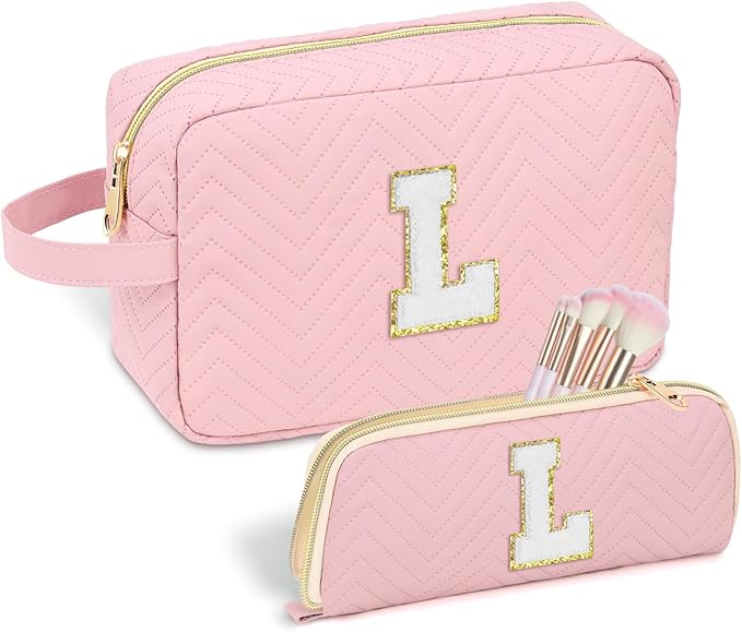 Personalized Initial Makeup Bag Trendy Stuff Leather Waterproof Cosmetic Bag Travel Toiletry Bag, Christmas/Thanksgiving/Halloween Gifts Makeup Organizer Case for Women Girls Mom Girlfriend Wife