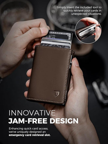 LORZOR Wallet for Men with Metal Card Holder, Pop Up Wallet, Finest Full Grain Leather Trifold Wallet, Smart, Minimalist, RFID Blocking, Front Pocket, ID Window, Brown/Grey