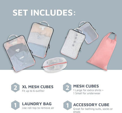 Large Packing Cube Set with See Through Mesh- Compression Packing Cubes Travel Organizers by TRIPPED Travel Gear (Dusty Rose)