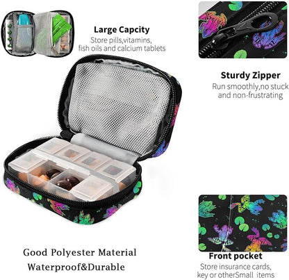 Fustylead Neon Color Frogs and Water Lily Leaves Travel Pill Organizer Case Zipper for Purse with Removable Weekly Pill Box for Medicine, Vitamin, Supplement Medicine Organizer