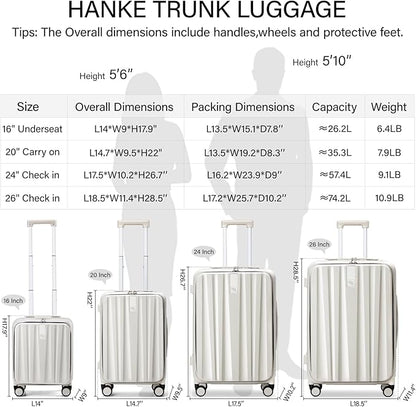 Hanke 16 Inch Underseat Carry On Luggage with Wheels,Small Hard Shell Suitcases for Weekender,Top Opening Lightweight Travel Luggage Suitcase for Womem Men,Ivory White.
