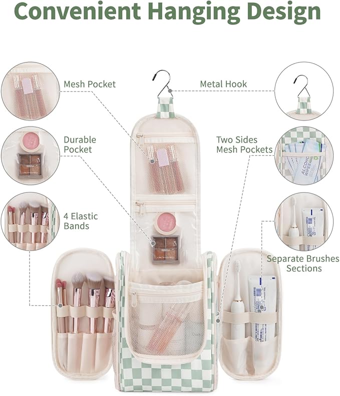 Narwey Small Checkered Hanging Travel Toiletry Bag for Women, Travel Bag for Toiletries, Makeup Bag Organizer Cosmetic Bags Make Up Bags for Women (Mint Green Checkerboard)