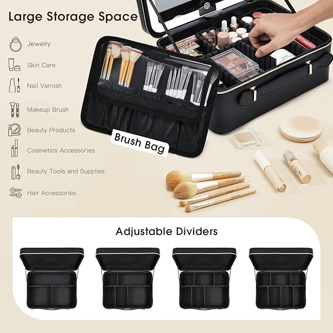 11.4 Inch Extra Large Makeup Bag with LED Lighted Mirror Leather Cosmetic Train Case Light up Mirror Portable Makeup Artist Storage Bag with Dividers Makeup Brush Holder Vanity Black