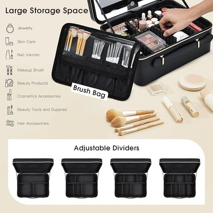 11.4 Inch Extra Large Makeup Bag with LED Lighted Mirror Leather Cosmetic Train Case Light up Mirror Portable Makeup Artist Storage Bag with Dividers Makeup Brush Holder Vanity Black