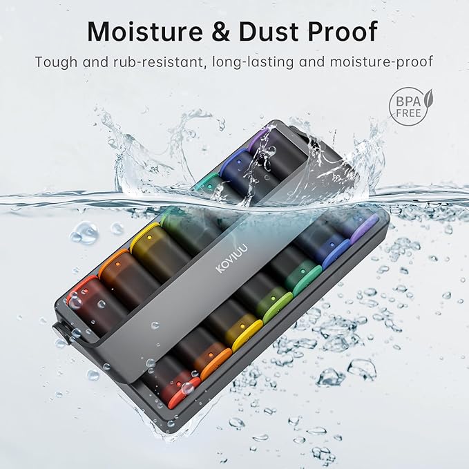 Weekly Pill Organizer 2 Times a Day, KOVIUU Large Travel Pill Box 7 Day, Am Pm Twice Daily Pill Case with Rotatable Handle, Pill Holder Container for Vitamin, Medicine, Supplement, Translucent-Black