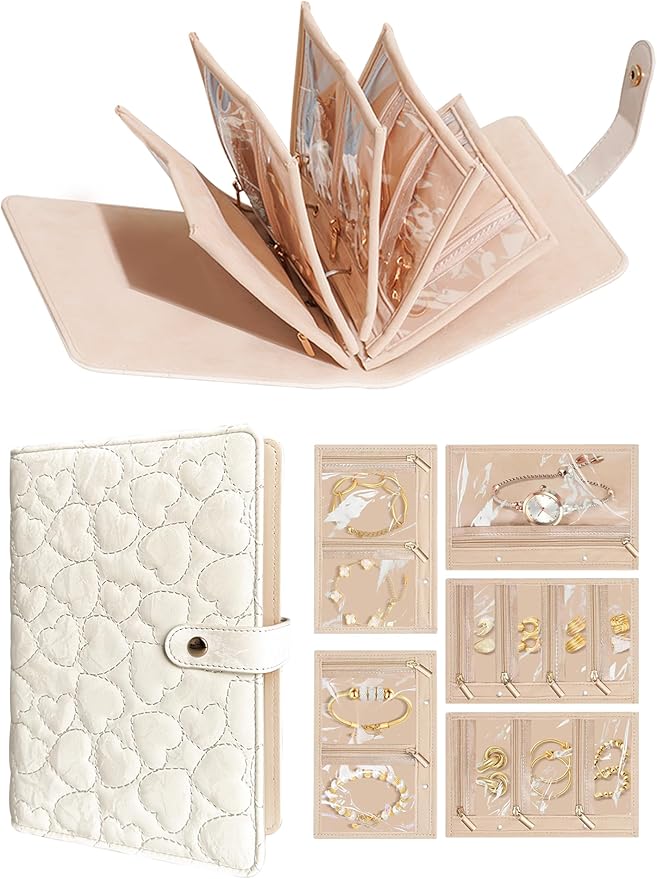 Travel Jewelry Organizer Case, Portable Jewelry Storage Roll Bag with Clear Zipper Velvet Pouch, Jewelry Holder Book Ring Binder for Bracelet, Necklace, Earring, Ring (White)