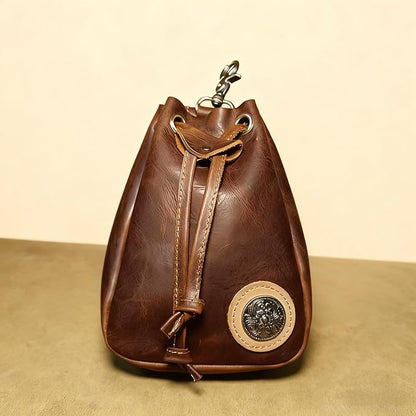 Retro Drawstring Genuine Leather Waist Bag for Men Motorcycle Sports Pack with Phone Pocket Adjustable Belt Gifts for Men (Oil Brown)