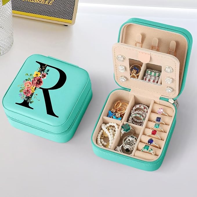 Parima Gifts for Her - Personalized Birthday Gifts for Her, Gifts for Her From Friends, Gifts for Her Idea, Party Gifts for Her, Travel Jewelry Case Organizer Jewelry Box for Her - Letter R, Blue