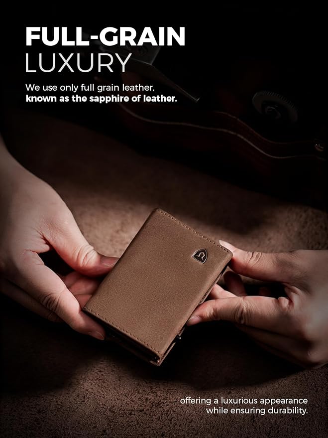 LORZOR Wallet for Men with Metal Card Holder, Pop Up Wallet, Finest Full Grain Leather Trifold Wallet, Smart, Minimalist, RFID Blocking, Front Pocket, ID Window