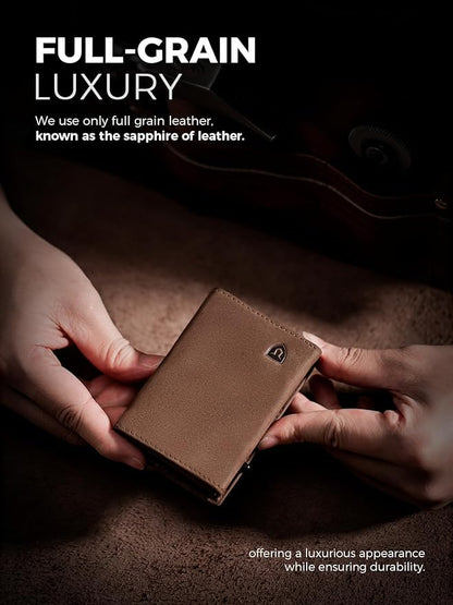 LORZOR Wallet for Men with Metal Card Holder, Pop Up Wallet, Finest Full Grain Leather Trifold Wallet, Smart, Minimalist, RFID Blocking, Front Pocket, ID Window