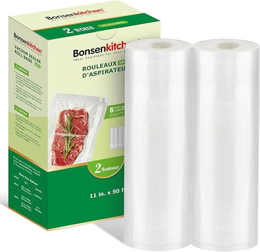 Bonsenkitchen Vacuum Sealer Bags Rolls, 11 in x 50 ft Rolls 2 pack Durable Food Sealer Bags, Commercial Grade, Heavy Duty, BPA Free, Seal a Meal, Great for Food Storage & Sous Vide Cooking, VB24