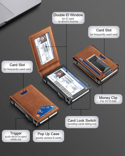 Wallet for Men RFID Wallet with 2 ID Windows & Money Clip, Slim Pop Up Card Holder for 10-12 Cards, Bifold Minimalist Smart Wallet for Front Pocket, Compact Metal Credit Card Holder, Gifts for Men