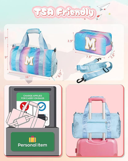 Birthday Gift for Daughter-Girl Gym Bag with Shoe Compartment, Kid Weekender Overnight Bags, Initial Travel Tote with Makeup Pouch, Gift for 3 4 5 6 7 8 9 Year Old Girls (Letter A)