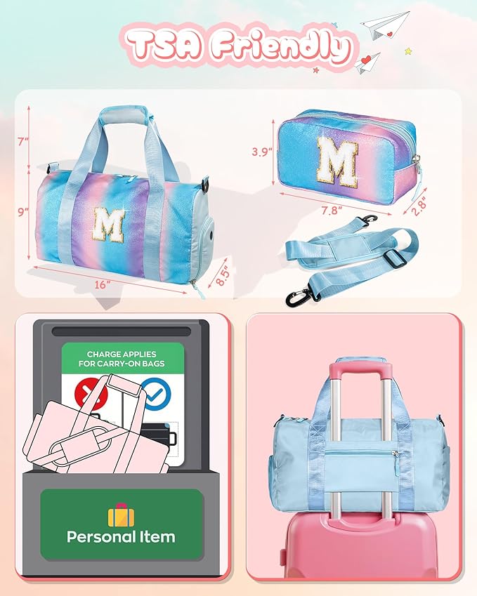 Kindergarten Gift Ideas-Girl Gym Bag with Shoe Compartment, Kid Personalized Weekender Overnight Bags, Initial Travel Tote with Makeup Pouch, Niece Girls Birthday Gift (Letter L)