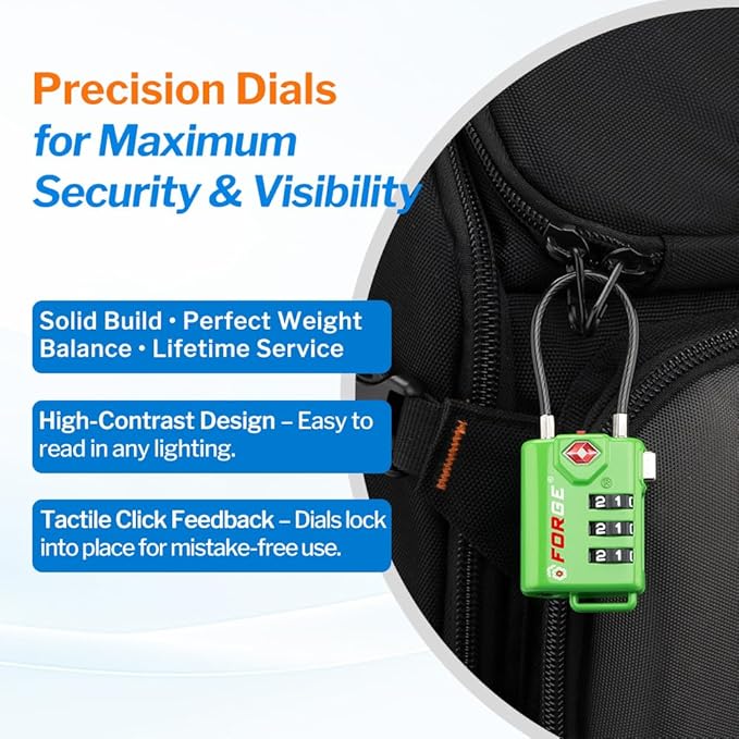 TSA Approved Cable Luggage Locks, Re-settable Combination with Alloy Body (Green 4 Locks)