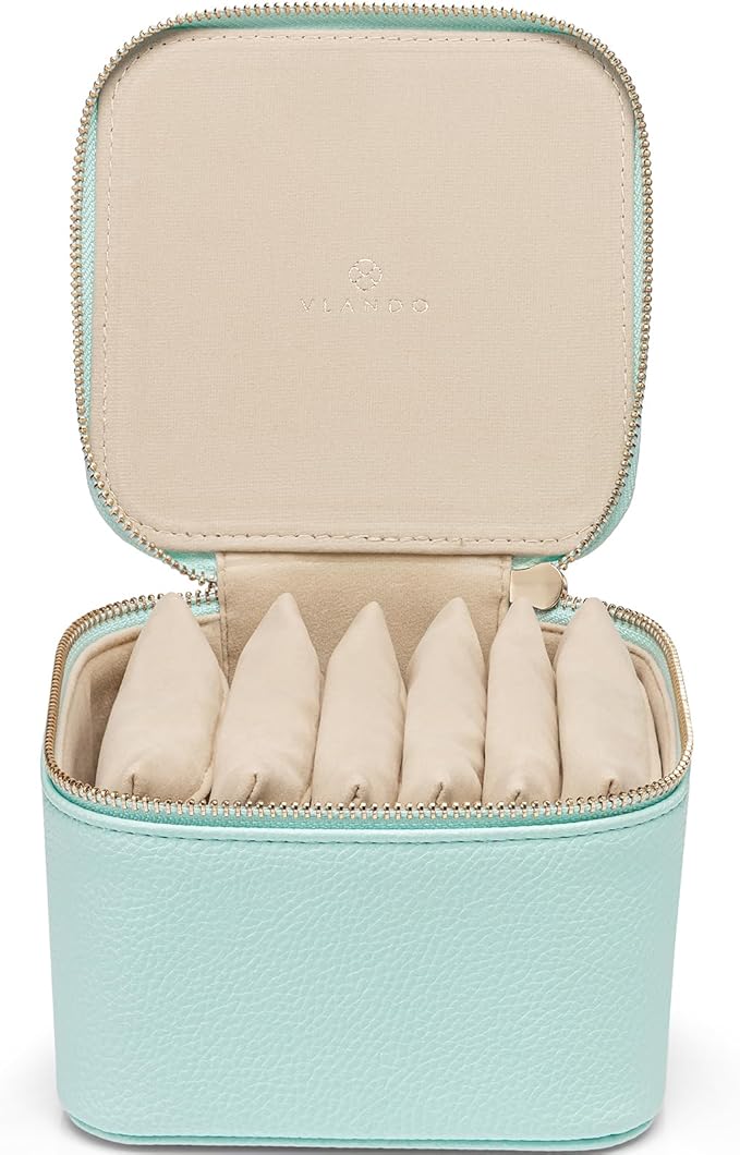 Vlando Travel Jewelry Box for Women Faux Leather Jewelry Box with 6 Velvet Jewelry Zipper Pockets Earrings Necklace Rings Storage Boxes Christmas Gift for Mom Wife(Lake Blue)