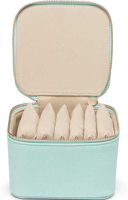 Vlando Travel Jewelry Box for Women Faux Leather Jewelry Box with 6 Velvet Jewelry Zipper Pockets Earrings Necklace Rings Storage Boxes Christmas Gift for Mom Wife(Lake Blue)