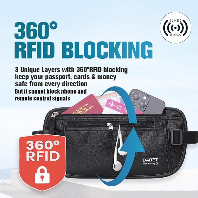 PU Leather Money Belt - Passport Holder Secure Hidden Travel Wallet with RFID Blocking, Undercover Fanny Pack(Black)