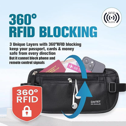 PU Leather Money Belt - Passport Holder Secure Hidden Travel Wallet with RFID Blocking, Undercover Fanny Pack(Black)